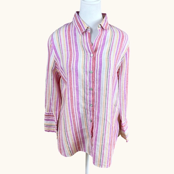 Chico's Tops - Chico’s Linen Shirt Stripe Button Down Pink Yellow (8)